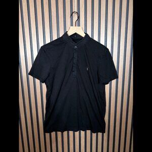 AllSaints Polo Shirt Medium Black Grail Short Sleeve RamSkull Collarless